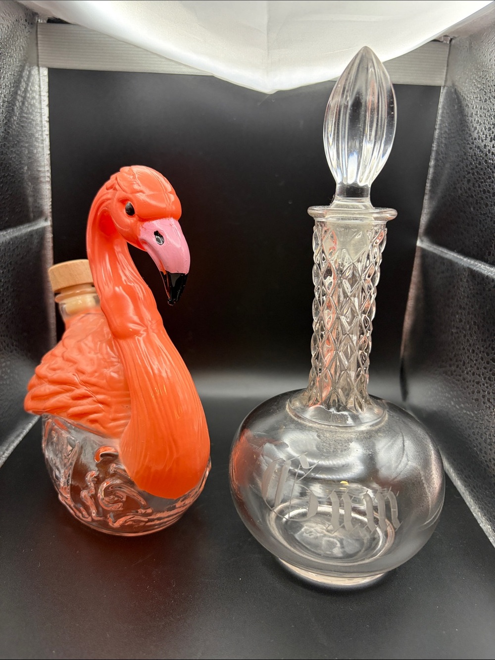 Cut glass RUM decanter and bonus Flamingo decanter